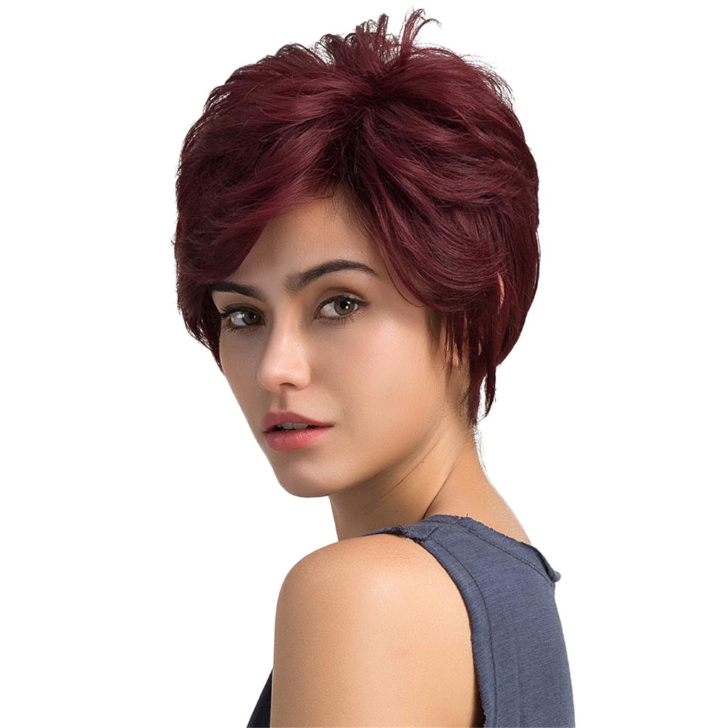 Kawn Trendy Women S Human Hair Short Fluffy Wigs Side Swept Bangs