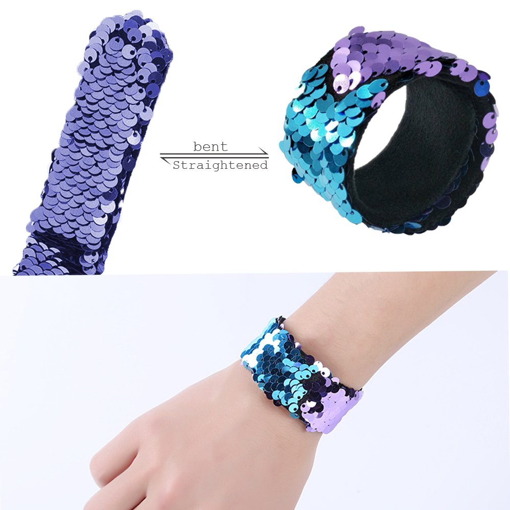 Magic Mermaid Slap Bracelet Two-color Reversible Shining Flip Sequins & Velvet Lining for Birthday Party Favors Christmas Gifts,Wristband Bracelet for Kids,Girls,Boys,Women (6 pack)