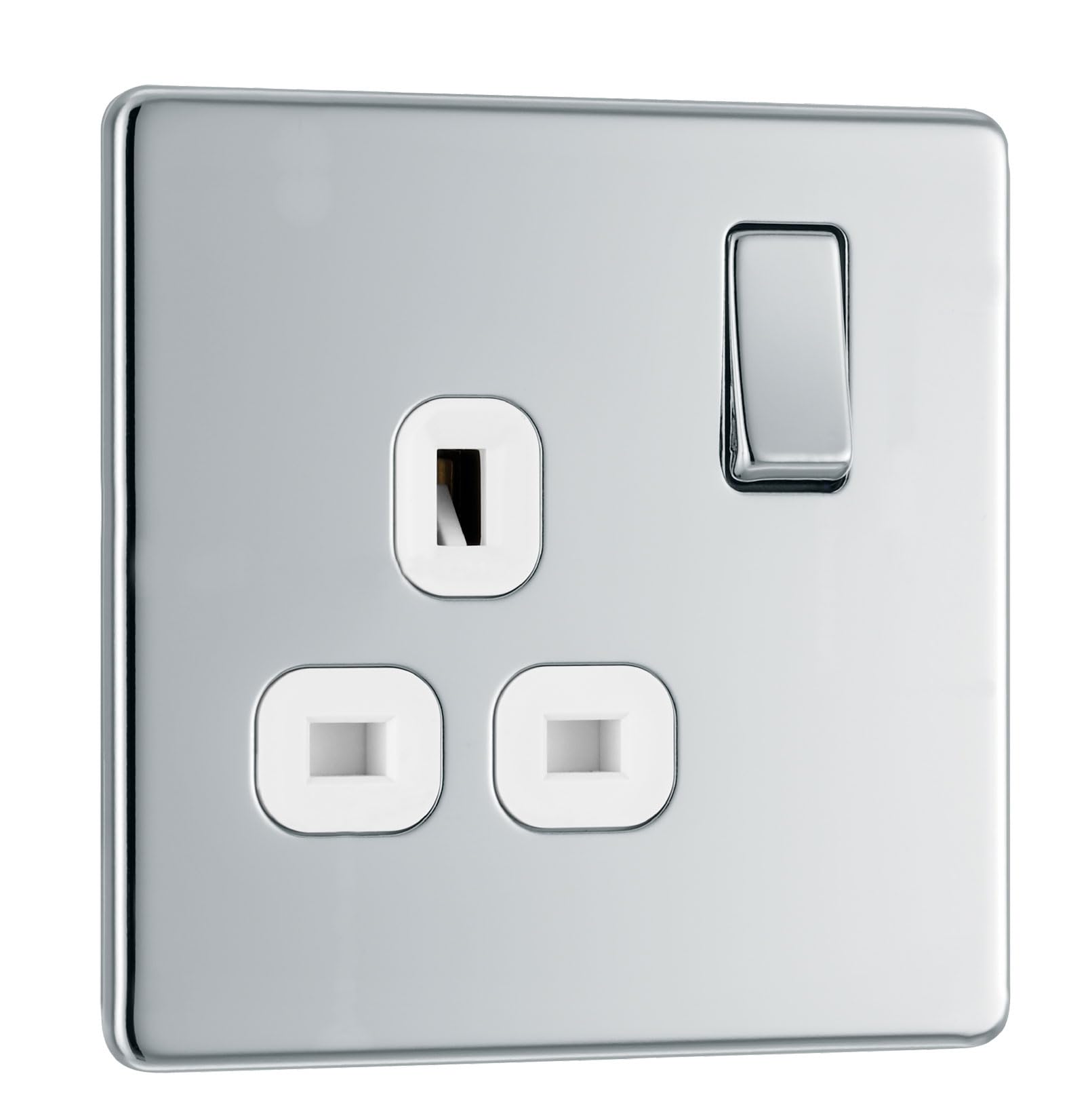 BG Electrical Single Switched Power Plug Wall Socket, Screwless Front Plate, Slim Profile, Premium Flatplate, Polished Chrome, White Inserts, 13A, FPC21W