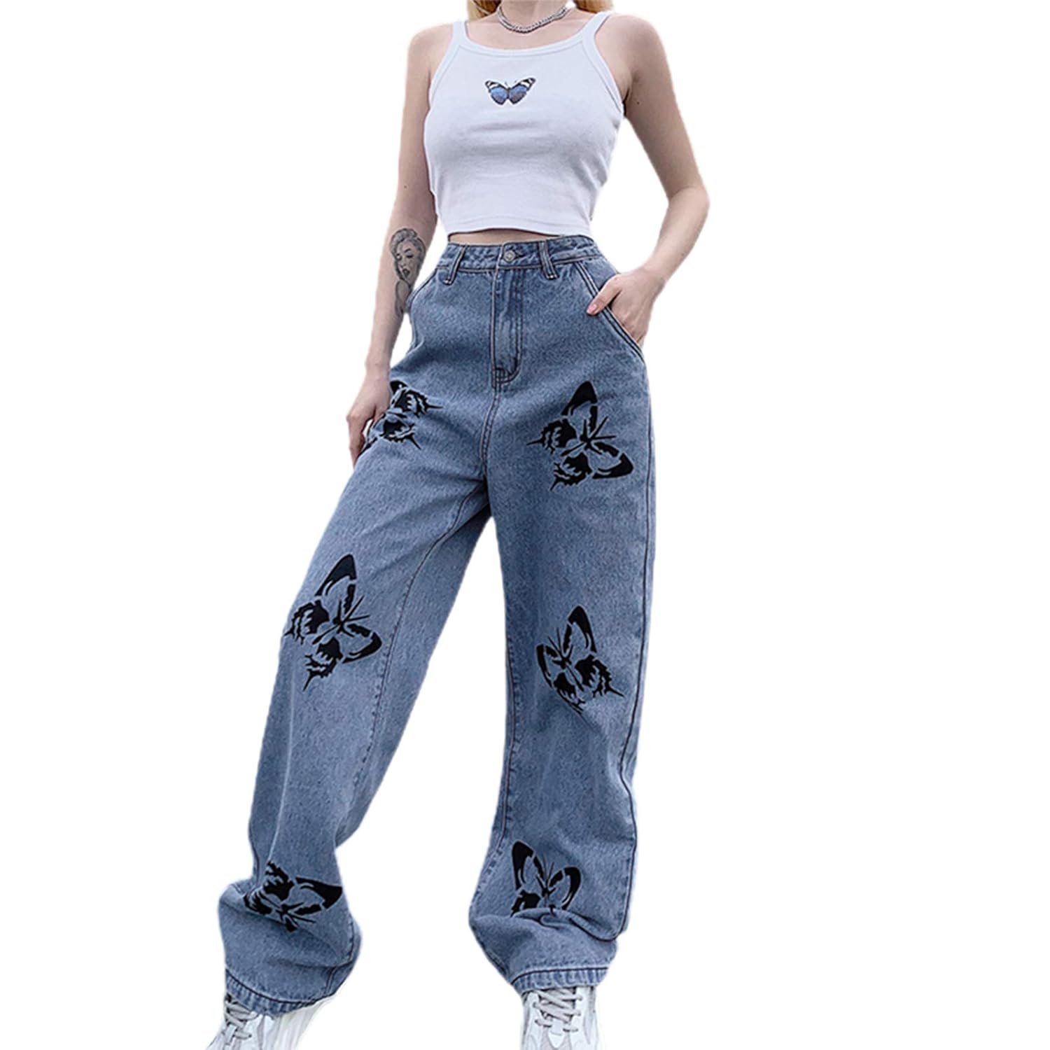 Buy Women Patchwork Jeans High Waist Distressed Straight Denim Jeans