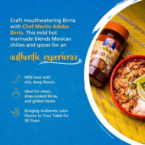 CHEF MERITO® BIRRIA MARINADE | AUTHENTIC MEXICAN FLAVOR | 14-15 USES | ADD WATER OR BROTH | MILD HEAT | PERFECT FOR BIRRIA TACOS & STEWS | MADE IN USA | TRUSTED SINCE 1985 |