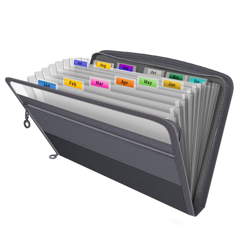 Fun File Organiser,13 Pockets Folder Document Organisers Box Files, Zip Expanding File Folder,Accordian Filing Boxes with Tabs,Expandable Folders for Paperwork A4,Documents and Paper Storage,Black