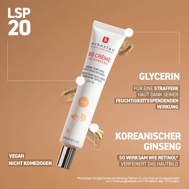 BB Creme mit Ginseng - Getönte Creme - Pflege mit "Babyhaut-Effekt" - 5-in-1 koreanische Gesichtspflege mit LSF 20 - Hell - 15 ml