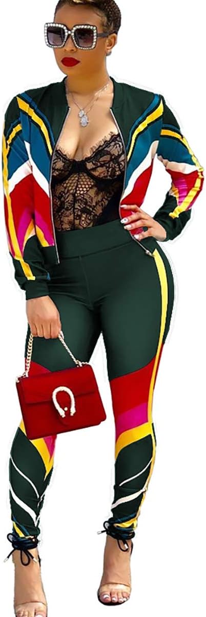 Mycherish Two Piece Outfits for Women Sexy Long Sleeve Stripe Print Front Zip Jacket Set Bodycon Long Pants Set Jumpsuits