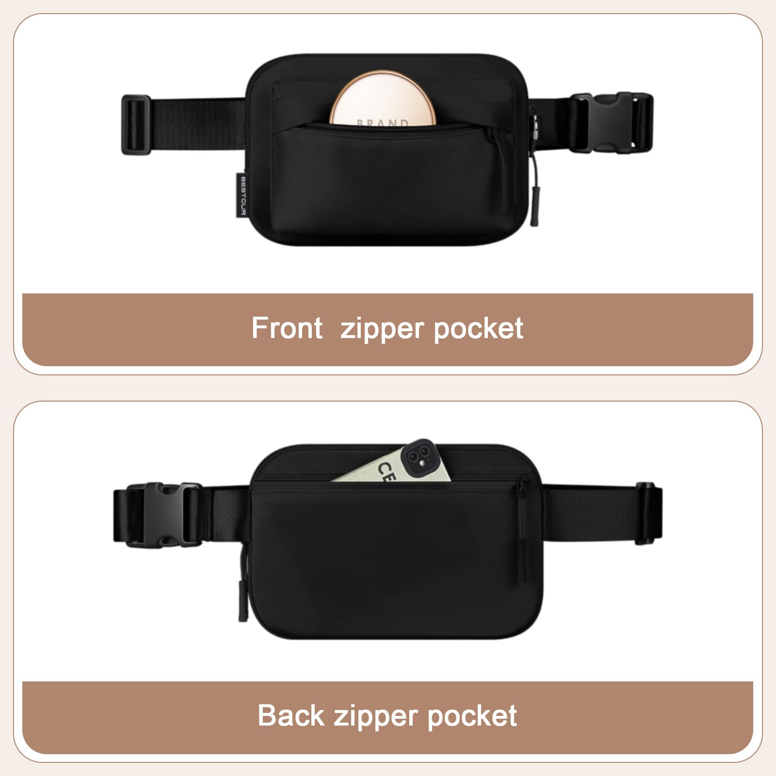 BesTour Fanny Packs for Women Men,Belt Bag with 3 Zipper Pockets,Water-resistant Crossbody Bag,Fashion Waist Packs with Adjustable Long Strap for Workout/Running/Yoga/Shopping/Hiking,Black