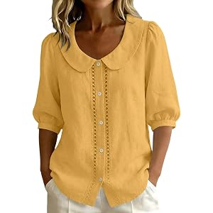 Women's Cotton Linen Button Shirt Summer Cute Lapel Collar Babydoll Tops Casual Loose Puff Sleeve Hollow Out Lace Blouse