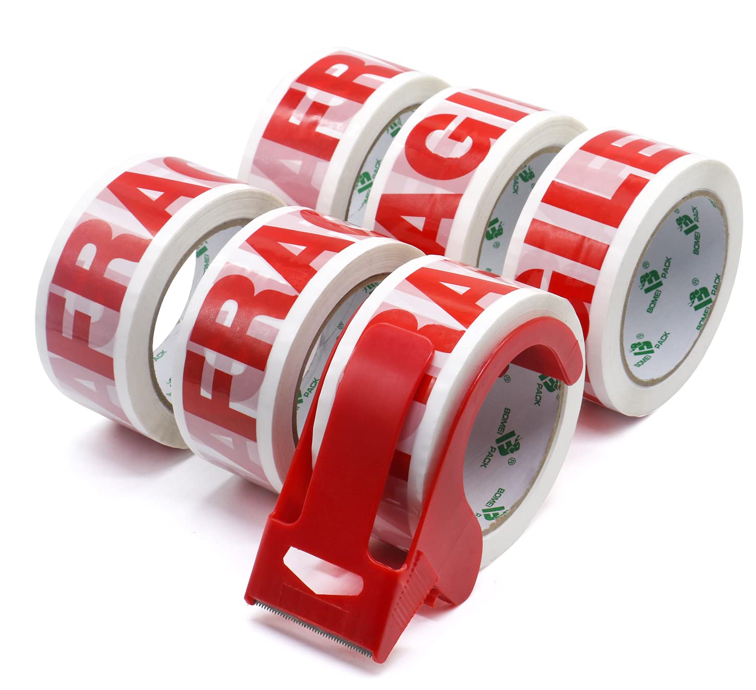 BOMEI PACK 6 Rolls with1 Dispenser Printed Fragile Moving Box Secure Tape Sticky Packing Tape for Heavy Duty Shipping Carton Sealing,Parcels Wrapping 45mic x 48mm x 66m