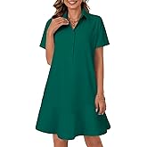 OPOIPIN Women's Collared V Neck Stripe Short Sleeve Button UP Ruffle Hem Shirt Tunic Mini Dress