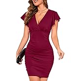 OWIN Women's Sexy V Neck Ruffle Sleeve Faux Wrap Ruched Bodycon Mini Party Cocktail Dress