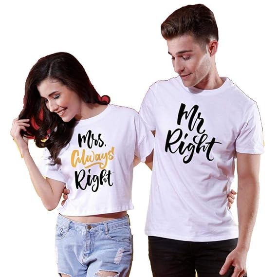 Mrs. Always Right Couple Printed Cotton T-Shirt and Crop Top for Men and Women