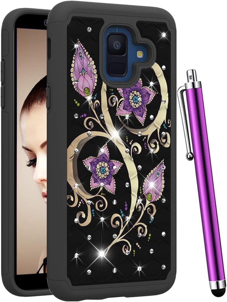CAIYUNL for Samsung Galaxy A6 2018 Case Dual Layer Shockproof Protective Hard PC&Silicone Phone Case Hybrid Heavy Duty Cover Luxury Bling Glitter Studded Rhinestone Women Girls Men-Black Purple Flower