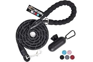 GORILLA GRIP Dog Leash, Heavy Duty Reflective Rope Leashes for Large, Medium, Small Breed Dogs, Puppy Training Essential for Walks, Hikes, Soft Handle, Rotating Metal Clip, Waste Bag Dispenser, Black