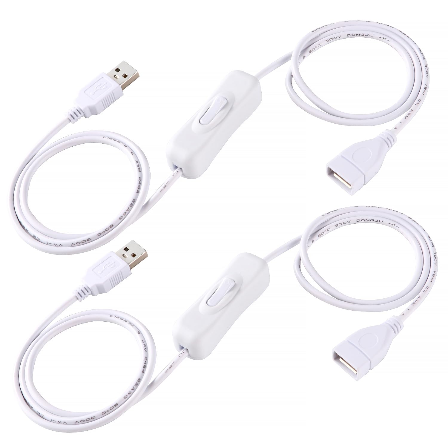 KUOQIY 2 PCS 1.2m USB Extension Cable with On/Off Switch, USB Switch Cable, for LED Desk Lamp LED Strip, White