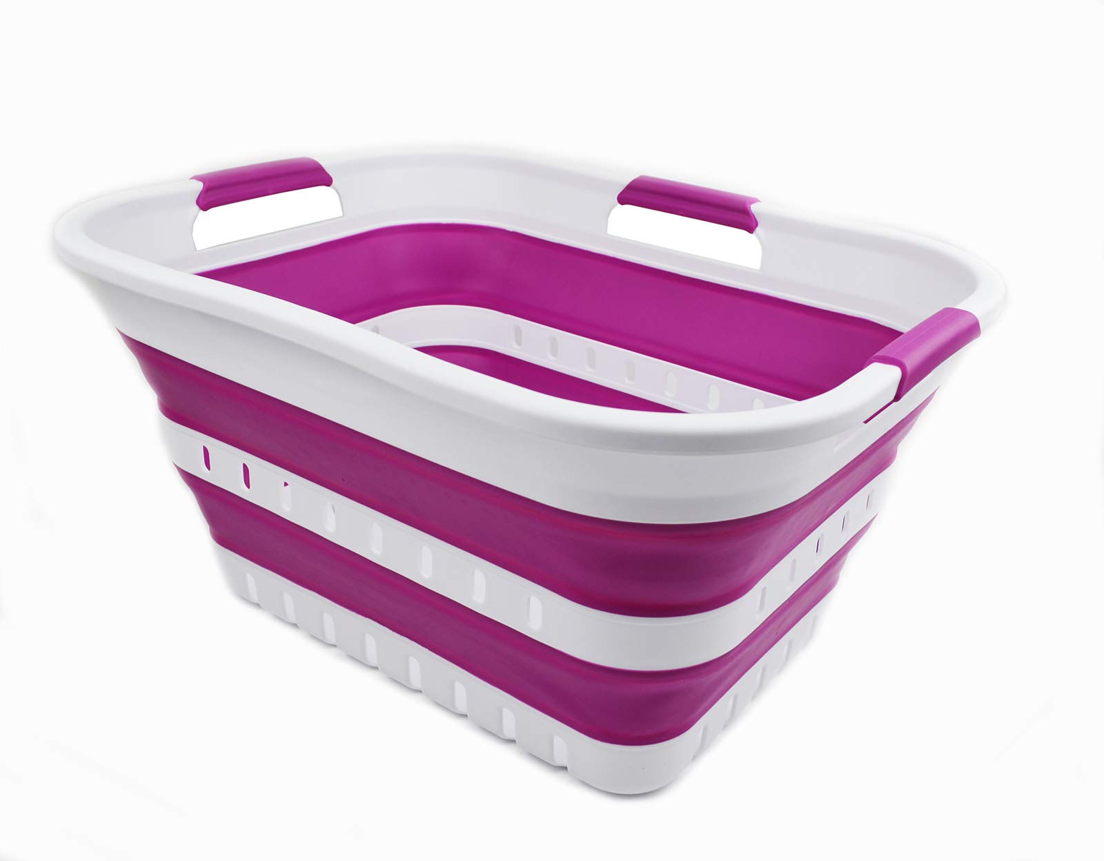SAMMART 30L Collapsible 3 Handled Plastic Laundry Basket - Foldable Pop Up Storage Container/Organizer - Portable Washing Tub - Space Saving Hamper/Basket (White/Purple)