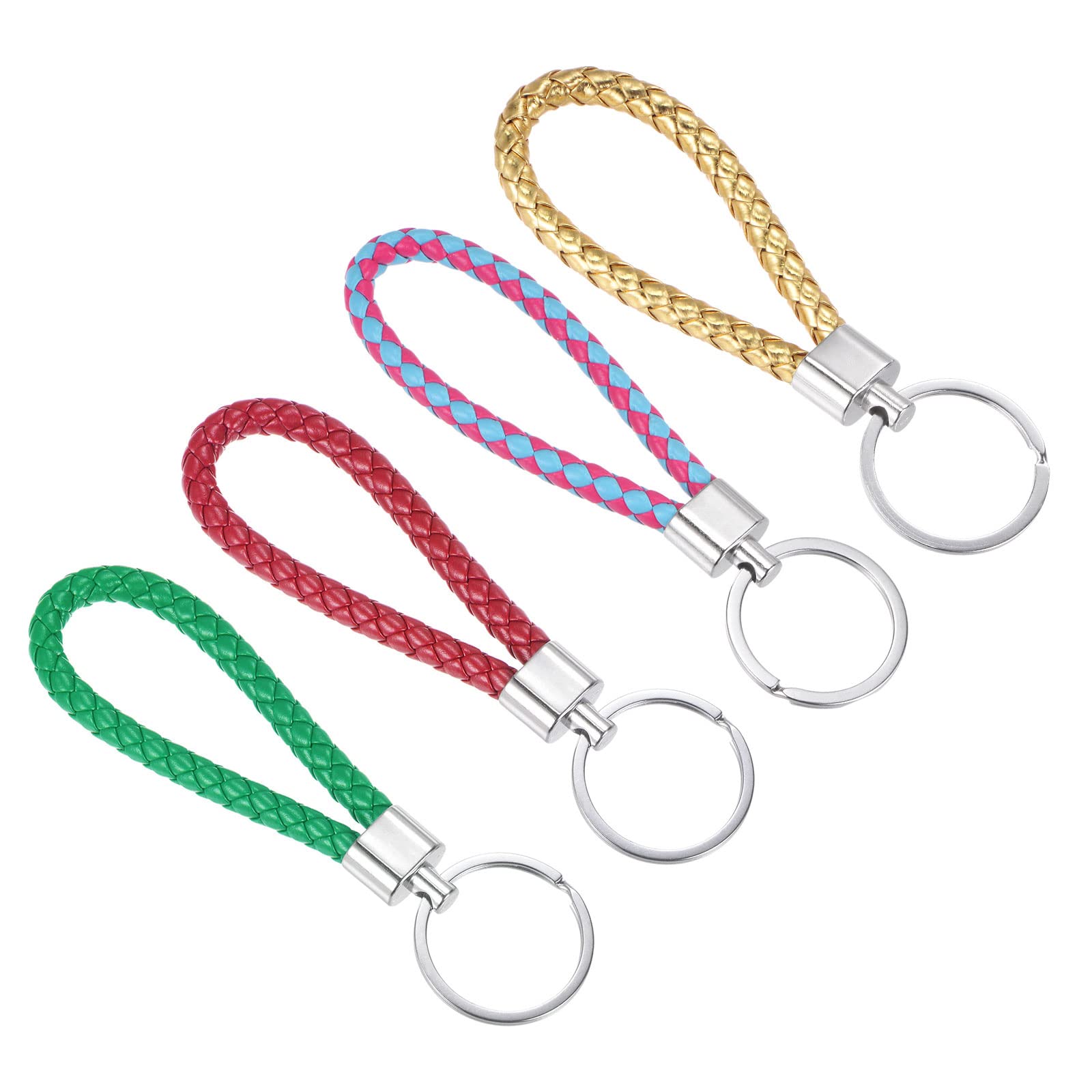PATIKIL 27mm Braided Leather Keychain, 4 Pack PU Key Ring Woven Decoration Lanyard Strap for Bag Wallet, 4 Colors