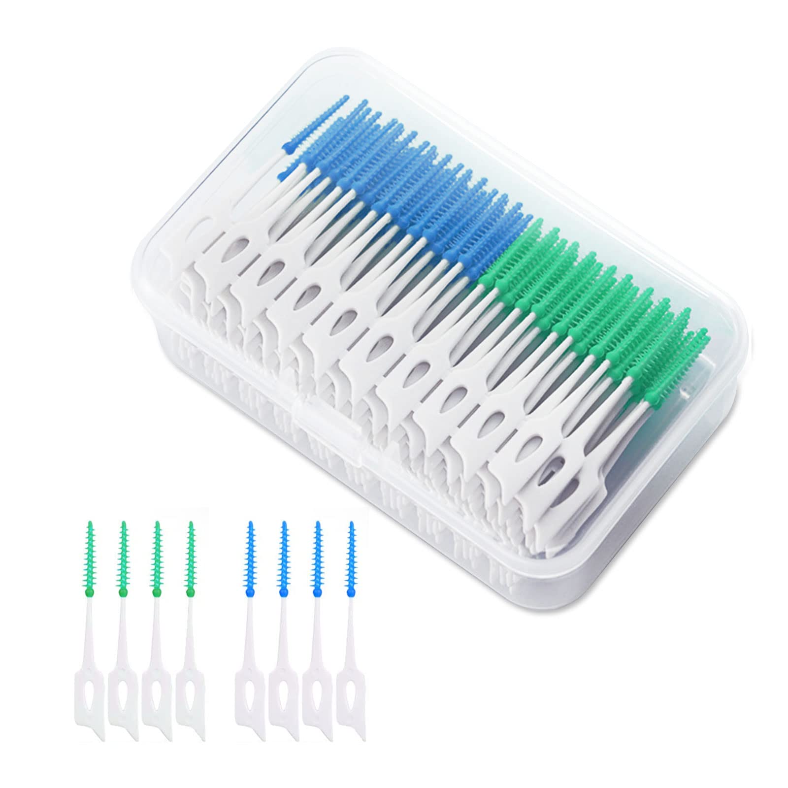 VIKSAUN 200 Pieces Tooth Floss Picks Interdental Brush Flosser Sticks, Interdental Brushes, Silicone Dental Picks, Oral Tooth Clean Silicone Floss Toothpick Cleaning Tool (Blue Green)
