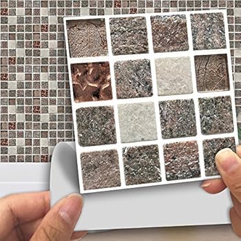 Fymural Tile Stickers for Kitchen & Bathroom Waterproof Anti-Mold Backsplash 4x4 Inch Stone Mosaic Tile Sticker Decals for Walls Stairs Deacoration 18PCS Wallpapers