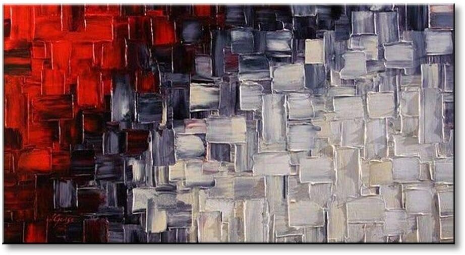Paintings - Seekland Hand Painted Acrylic Artwork Red and White Abstract Canvas Wall Art Modern Contemporary Oil Painting for Living Room Stretched and Ready to Hang (Framed 40