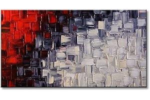 SEEKLAND ART Seekland Hand Painted Red and White Abstract Canvas Wall Art Modern Contemporary Acrylic Painting for Living Room Ready to Hang (Framed 48"W x 24"H)