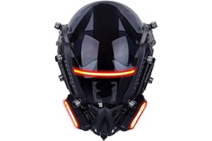 Punk Future Tech Helmet Mask with LED Red Lights, Black Horns & Face Shield, Halloween Cosplay Costume Accessory for Men