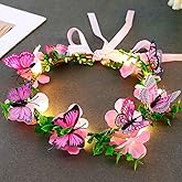 DRESBE Light Up Butterfly Flower Crown LED Floral Headband Glow Fairy Hair Accessories for Women (Pink)