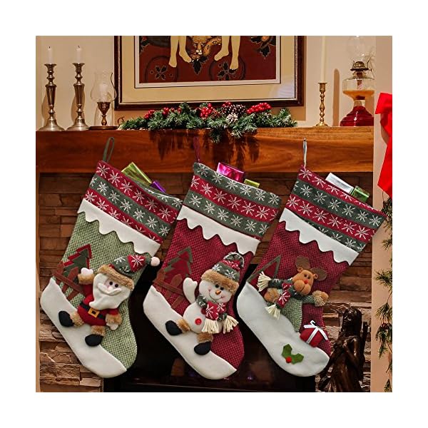 YAMUDA Christmas Stocking, 18" Set of 3 Santa, Snowman, Reindeer, Xmas Character 3D Plush with  Rustic Burlap Christmas Decorations and Party Accessory(Artwork-08)