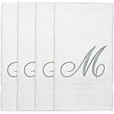 Monogrammed Fingertip Towels, Personalized Gift, 11 x 18 Inches - Set of 4 - Silver Script Embroidery - Extra Absorbent 100% Turkish Cotton- Soft Terry Velour- for Bathroom, Kitchen and Spa- M White