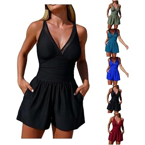 Tthxqing Romper Swimsuits for Women Tummy Control Bathing Suit Slimming Full Coverage with Shorts Pocket V Neck Swim Suit