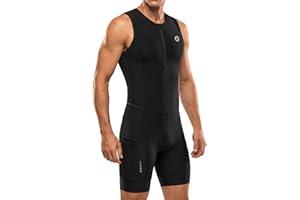 Men's Triathlon Suit One-Piece Padded Trisuit Race Skinsuit, Sleeveless Swimskin, Swim Bike Run,SBS Half Zip, 2 Side Pockets