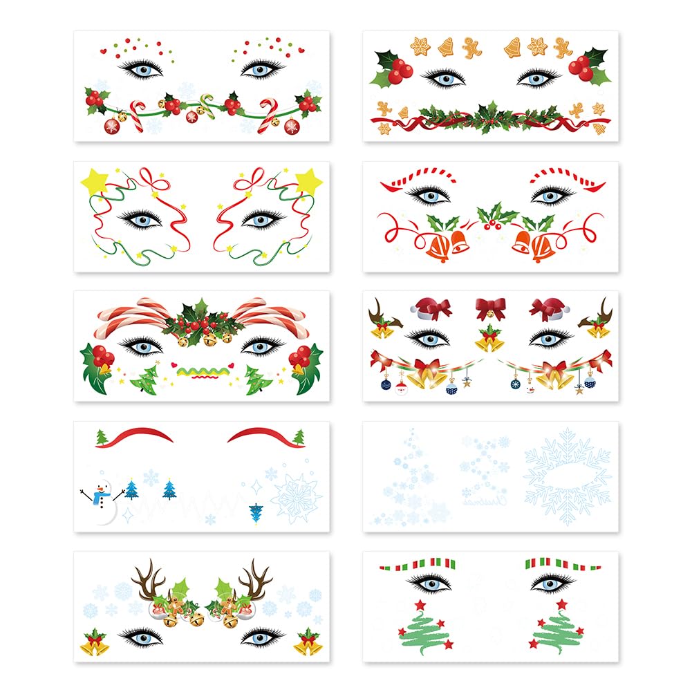 Christmas Face Temporary Tattoos, 10 Sheets Makeup Cute Santa Claus Snowman Deer Face Stickers Tattoos for Xmas Decorations & Party Supplies, Gifts & Stocking Fillers