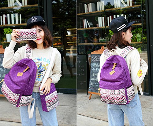 Goldwheat Fashion Dot Set Canvas School Backpack Lightweight Casual Laptop Bag Teen Girls Boys School Shoulder Bag Daypack Handbag(Purple)