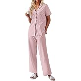 Ekouaer Women's 100% Cotton Pajamas Set Short Sleeve Button Down Pjs 2 Piece Soft Sleepwear with Long Pants Lounge Set
