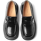 BEAU TODAY Chunky Loafers Women,Patent Full Grain Leather Loafers for Women,Comfortable Slip-on Fashion Platform Shoes, Non Slip Business Casual Work Office Square Toe Dress Shoes