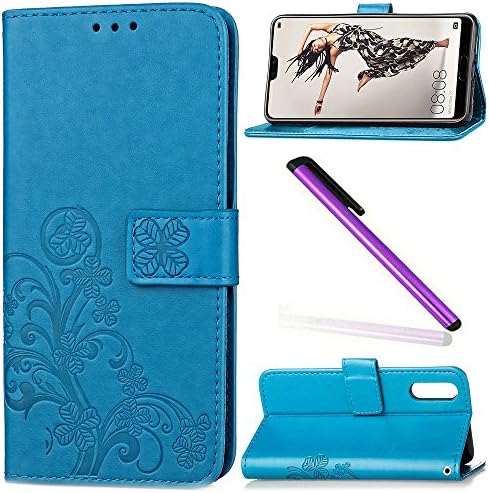 Huawei P20 Pro Case Cover EMAXELER Stylish Wallet Colour Kickstand Flip Case Credit Cards Slot Cash Pockets Embossing PU Leather Flip Wallet Case For Huawei P20 Pro Clover Blue