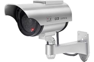 F FINDERS&CO Solar Powered Fake Security Camera, Bullet Dummy Surveillance System with Realistic Red Flashing Lights and Warning Sticker Indoor Outdoor (1, Silver)