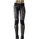 Sexyshine Women's Lace Up Criss Cross PU Leather Pants High Waist Bandage Hollow Out Y2K Gothic Punk Faux Leather Leggings