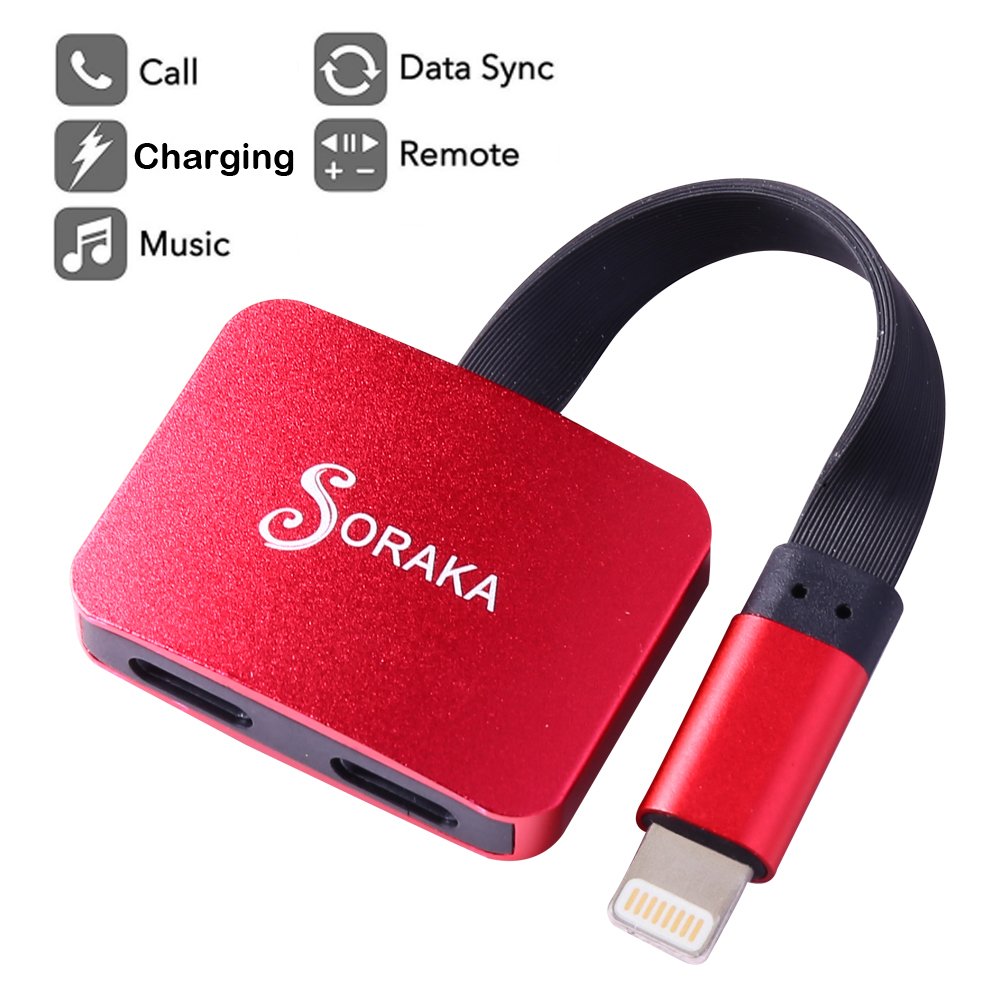SORAKA Lightning Adapter und Splitter für iPhone 7 / iPhone 7 Plus / iPhone 8 / iPhone 8 plus / iPhone X, 2 in 1 Dual Audio + Charge + Anruffunktion (Unterstützung iOS 11) (Rot)