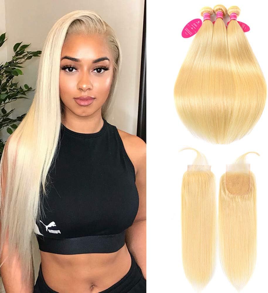 613 Honey Blonde Bundles with Closure 100% Brazilian Virgin Straight Human Hair 3 Bundles with 4×4 Lace Closure Remy Hair Weft Platinum Blonde Free Part 150% Density(14 16 18+12, 613)