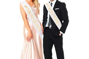 BAHABY Prom King and Prom Queen Satin Sash - Graduation Party School Party Accessories Halloween Party Favors, White with Gold Print