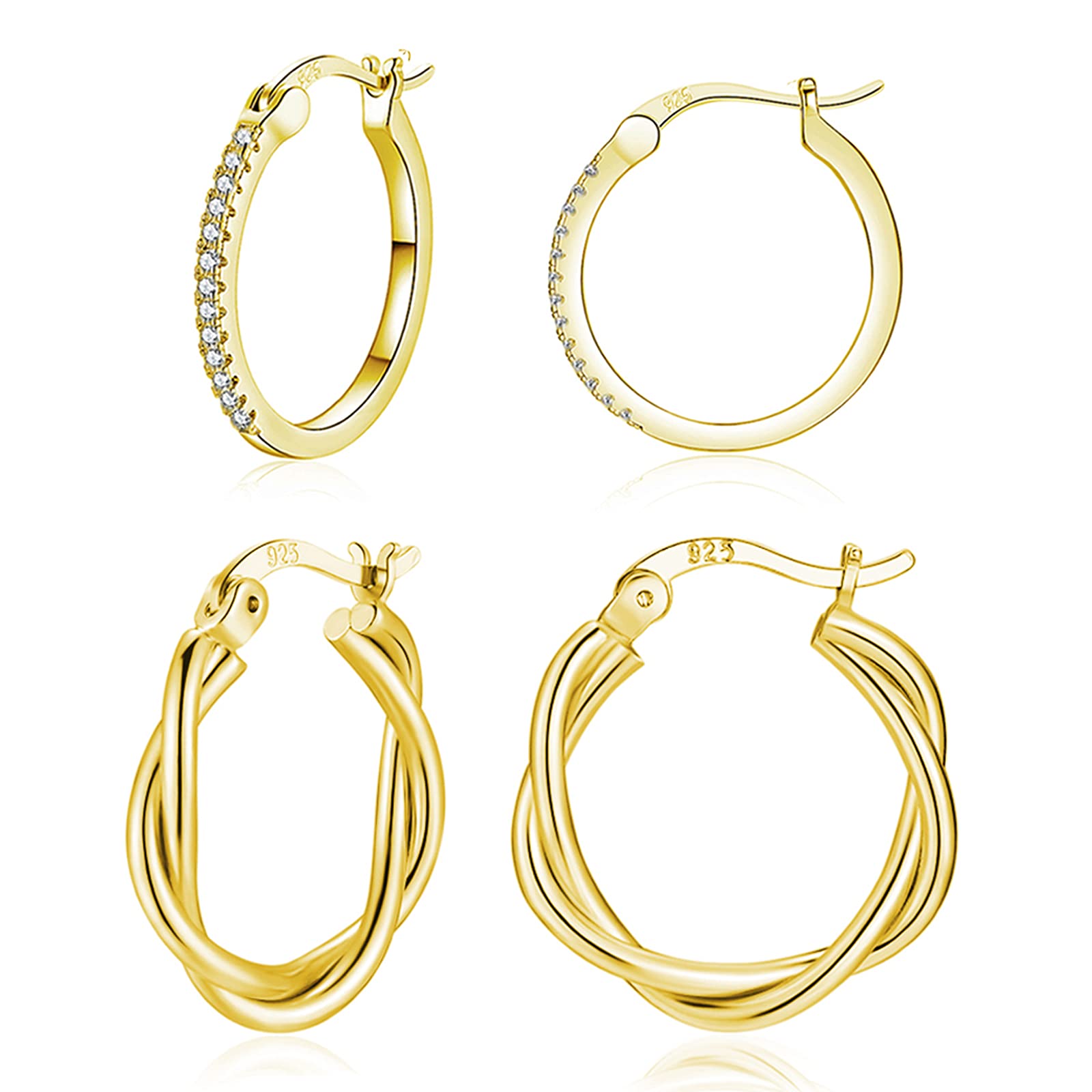 EPVOA Gold Hoop Earrings for Women, 925 Sterling Sliver Hoop Earrings for Girls, Hypoallergenic Hoop Earrings Set, Gold Hoops Earrings for Men, Sizes 15/20mm