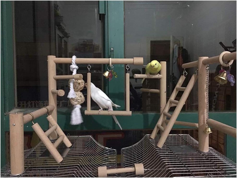 QBLEEV Bird Cage Play Stand Toy Set-Birdcage Wood Stands Hanging Chew Toys Ladder Swing Parrot Perch Play Gym Playground Accessories Activity Center for Conure, Parakeets, Budgie, Cockatiels, Lovebirds : Pet Supplies
