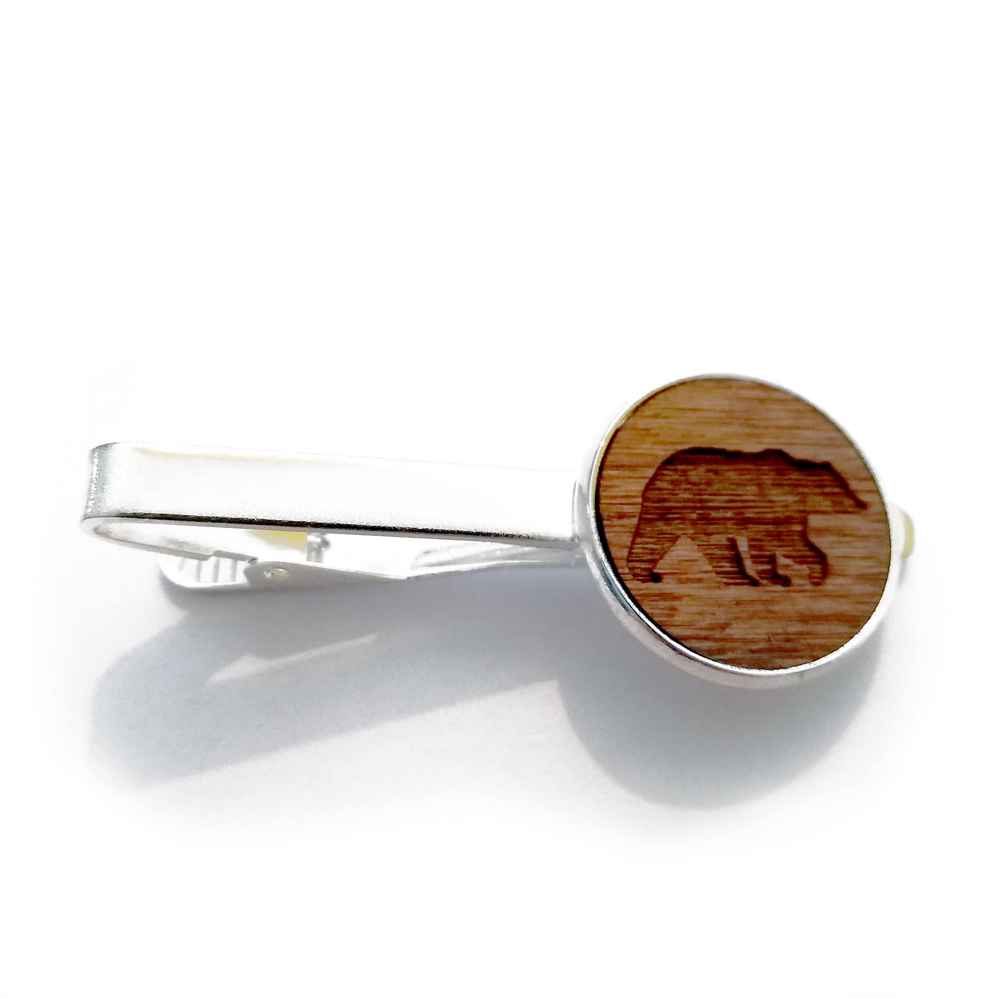 Bear Tie Clip, Wooden Tie Bar, Mens Necktie Clasp Clip Clamp Pin, Engraved 5th Anniversary Wedding Present, Gift for Dad, Groomsmen, Usher, Birthday, With Gift Box
