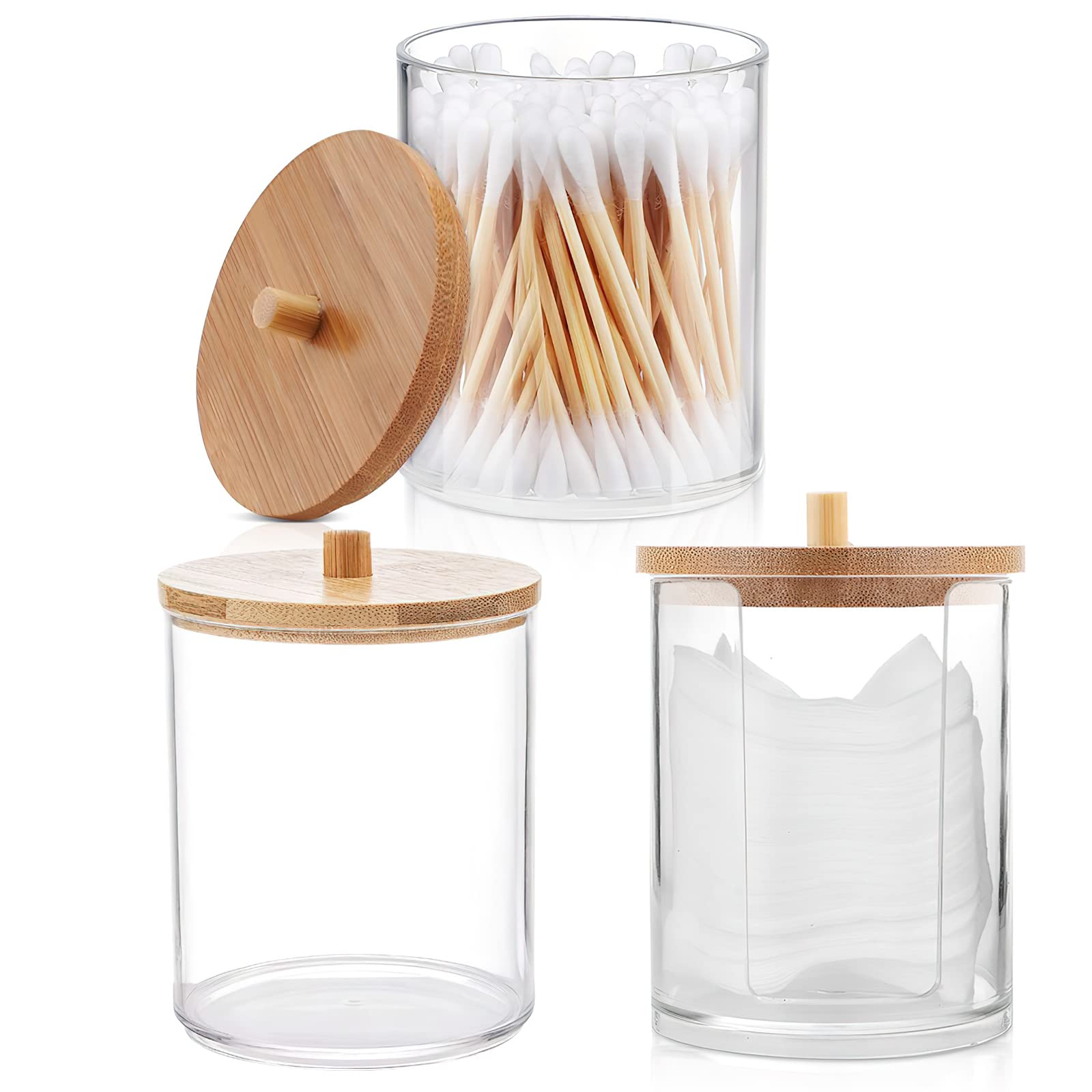 HENGBIRD Pack of 3 Acrylic Cotton Swab & Pad Storage Containers with Bamboo Lid, Small Round Cotton Pad Dispenser, Cosmetic Organizer for Dressing Table & Bathroom