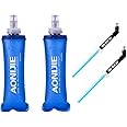 AONIJIE 2 Pcs Sports Collapsible Water Bottle BPA Free + 2 Pcs Replacement Straws Lid - TPU Soft Drink Water Kettle Foldable