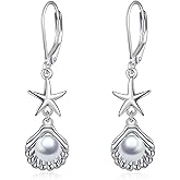 VONALA Silver/Gold Seashell Pearl Dangle Earrings 925 Sterling Silver Beach Drop Dangle Earrings Starfish Leverback Earrings Ocean Jewelry Gifts for Women
