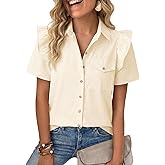 Cicy Bell Womens Ruffle Button Down Shirts Dressy Casual Short Puff Sleeve Cotton Tops Summer Loose Fit V Neck Blouses