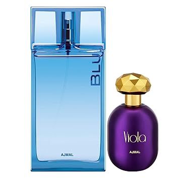 Ajmal Blu EDP Aquatic Woody Perfume 90ml for Men and Viola EDP Fruity Floral Perfume 75ml for Women + 2 Parfum Testers FREE