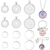 WADORN 42 Sets 3 Sizes Silver Pendant Trays with Clear Glass Cabochons, Round Settings Trays Blank Base Charms for DIY Crafts Alloy Bulk Blanks Bezel Pendant Base Set for Resin Setting Photo Necklace