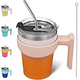 BJPKPK Tumbler With Handle And Straw 10 oz Insulated Tumblers With Lid Stainless Steel Coffee Cups,Coral