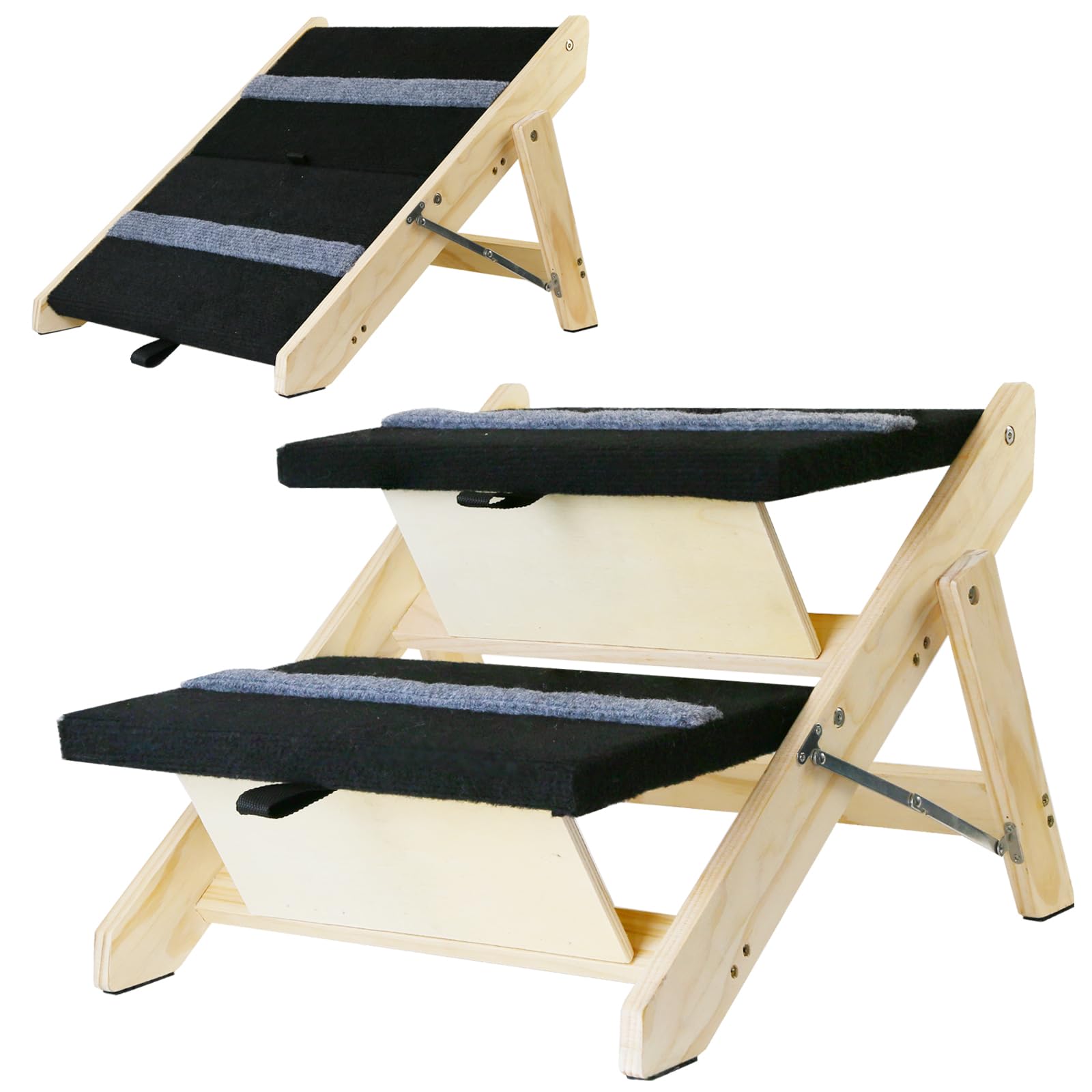 Photo 1 of 2-in-1 Indoor Pet Ramp, Wooden Folding 2-Tier Pet Stairs with Non-Slip Carpeted Steps, Ramp Perfect for Bed and Couch